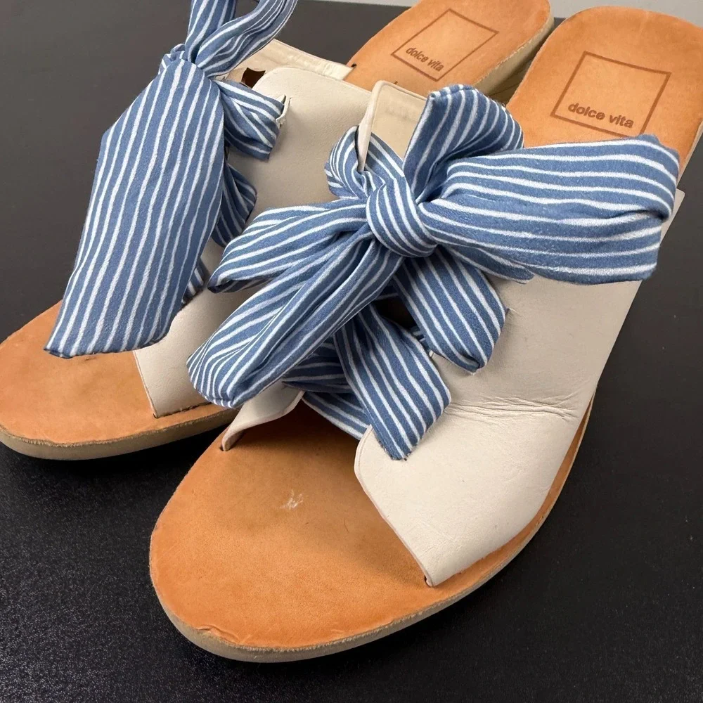 Dolce Vita Sandals Womens 8 White Cream Leather Chunky Wood Heels Slip On Dressy